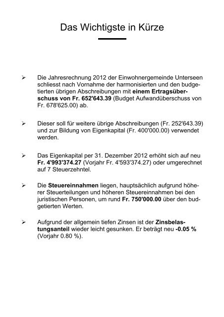 Jahresrechnung Jahresrechnung 2012 - Unterseen