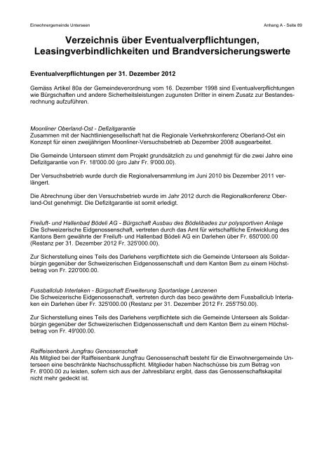 Jahresrechnung Jahresrechnung 2012 - Unterseen