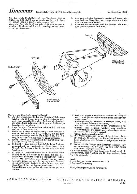 Einziehfahrwerk fÃ¼r RC-Segelflugmodelle l zu Best.-Nr. 1185