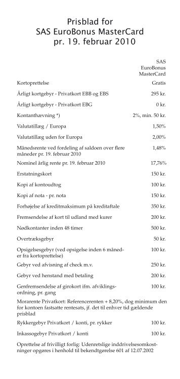 Prisblad for SAS Eurobonus Mastercard pr. 19. februar 2010