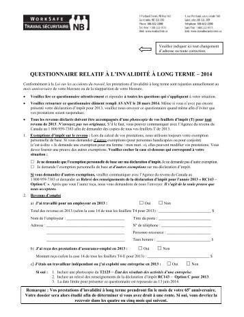 questionnaire relatif Ã  l'invaliditÃ© Ã  long terme - Travail sÃ©curitaire NB