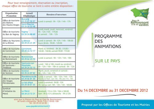 PROGRAMME DES ANIMATIONS SUR LE PAYS