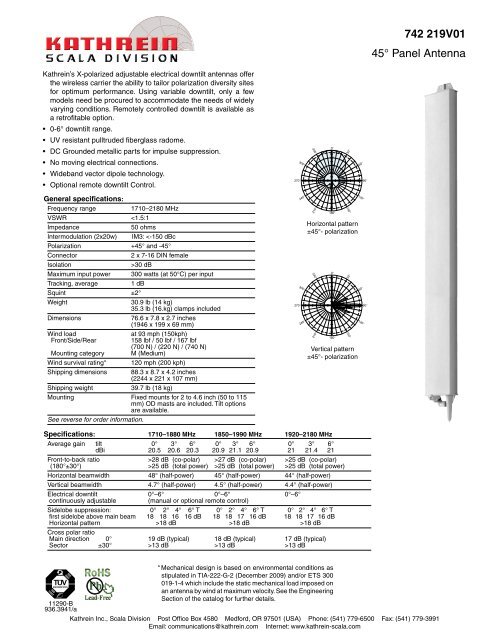 742 219V01 45 Panel Antenna Kathrein Scala Division