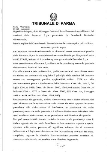 Il giudice delegato, dott. Giuseppe Coscioni, letta Posservazione all ...