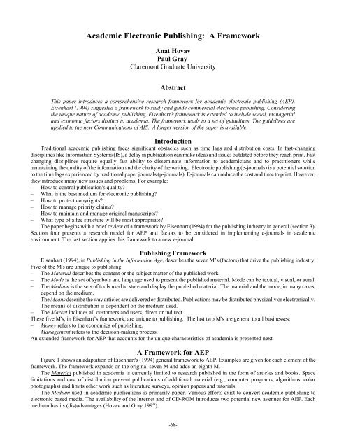 Academic Electronic Publishing: A Framework