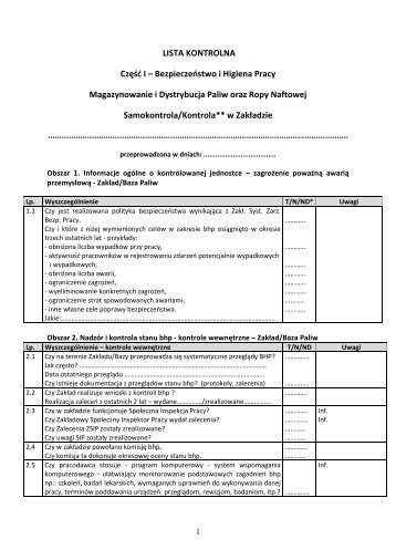 Lista kontrolna CZ I Bhp - PaÅstwowa Inspekcja Pracy