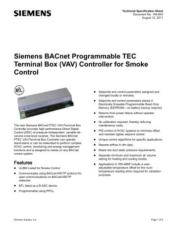 Siemens BACnet Programmable TEC Terminal Box (VAV) Controller ...
