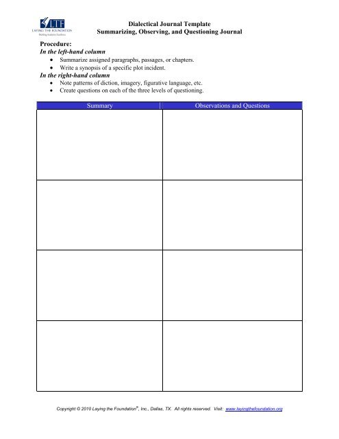 Dialectical Journal Templates - Fall River Public Schools