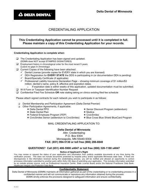 Credentialing Application - Delta Dental Of Minnesota