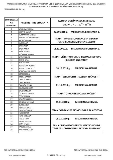 29.11.2010.g. MEDICINSKA HEMIJA PREZIME I IME STUDENTA ...