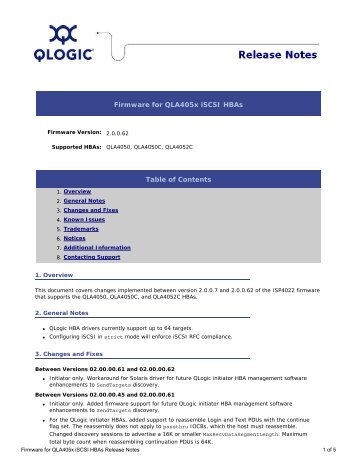 Firmware for QLA405x iSCSI HBAs Release Notes - QLogic