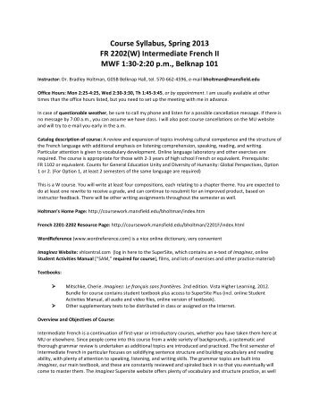 Course Syllabus, Spring 2013 FR 2202(W) Intermediate French II ...