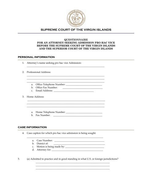 Pro Hac Vice Questionnaire - Supreme Court of the Virgin Islands