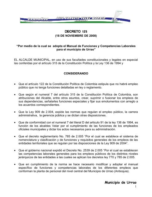 decreto 125 manual de funciones - Urrao