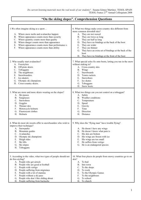 A œon The Skiing Slopesa Comprehension Questions Tesol France