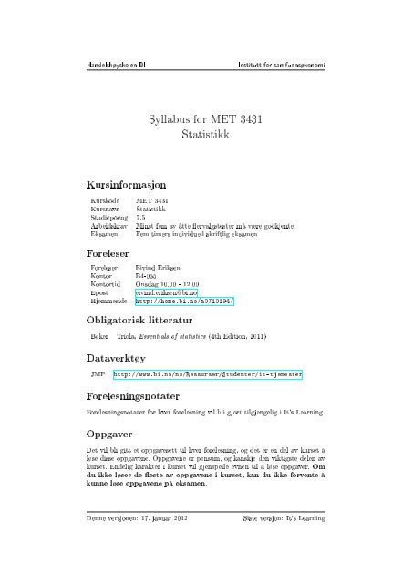 Syllabus for MET 3431 Statistikk - HandelshÃ¸yskolen BI