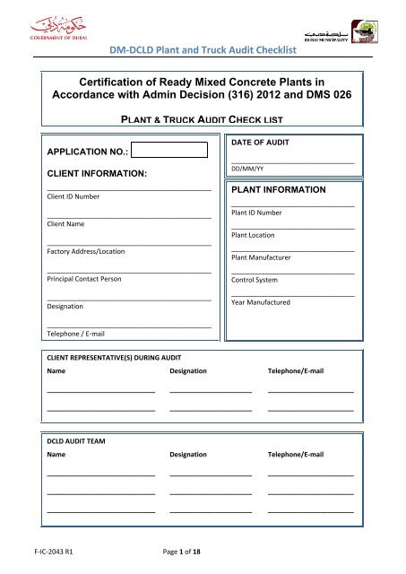 Dm Dcld Plant And Truck Audit Checklist Certification Of Ready