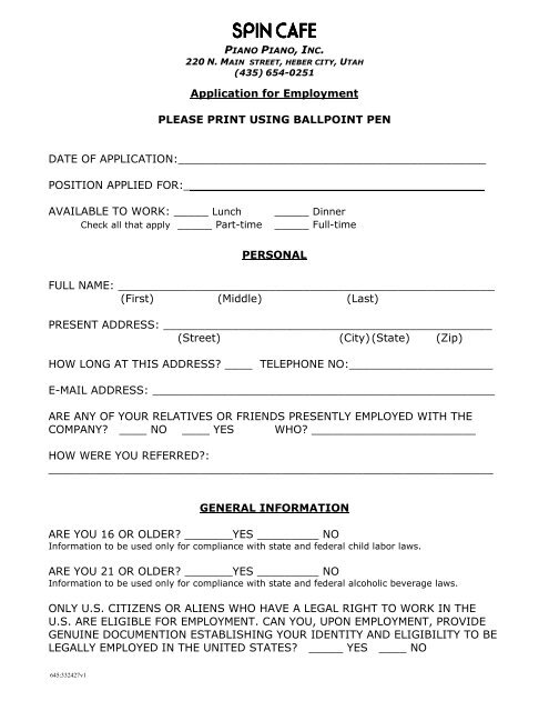 Job Application Here Spin Cafe