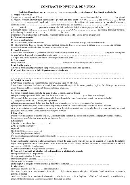 Model contract individual de munca - ITM Satu Mare