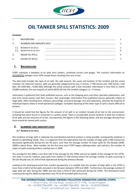 OIL TANKER SPILL STATISTICS: 2009 - ITOPF