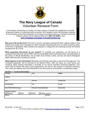 The Navy League of Canada Volunteer Renewal Form