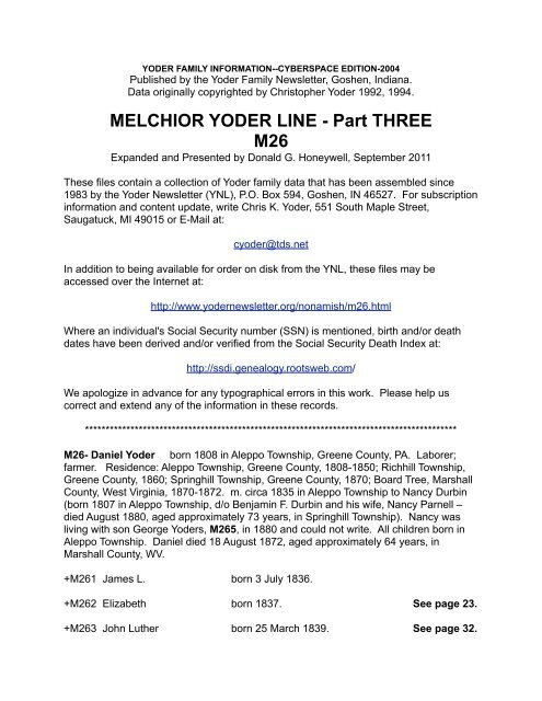 MELCHIOR YODER LINE - Part THREE M26 - Yoder Family ...