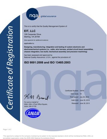 EIT, LLC ISO 9001:2008 and ISO 13485:2003