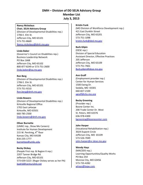 DMH â Division of DD SELN Advisory Group Member List July 3, 2013