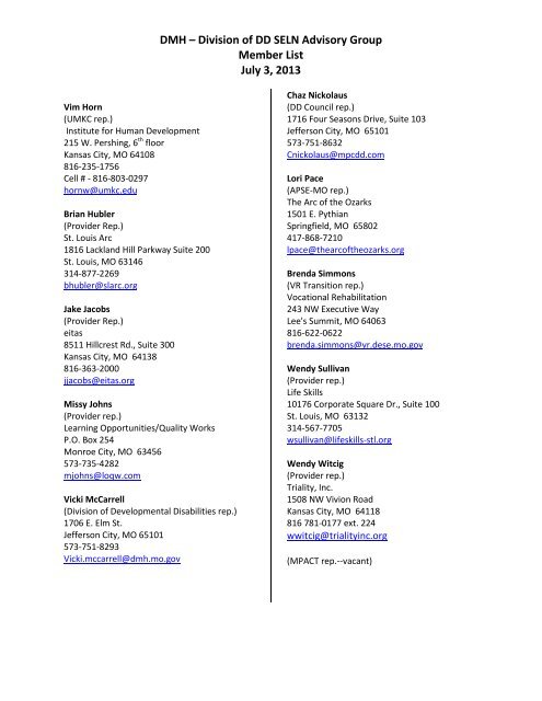 DMH â Division of DD SELN Advisory Group Member List July 3, 2013