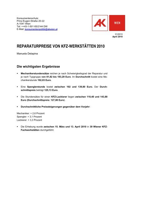 reparaturpreise von kfz-werkstätten 2010 - Arbeiterkammer Wien