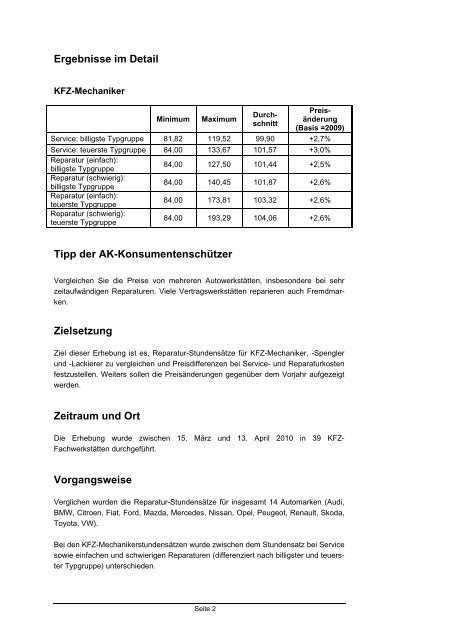 reparaturpreise von kfz-werkstätten 2010 - Arbeiterkammer Wien