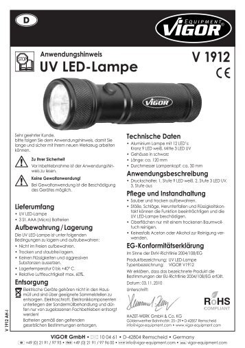 V1912 UV LED Lampe - Vigor Equipment