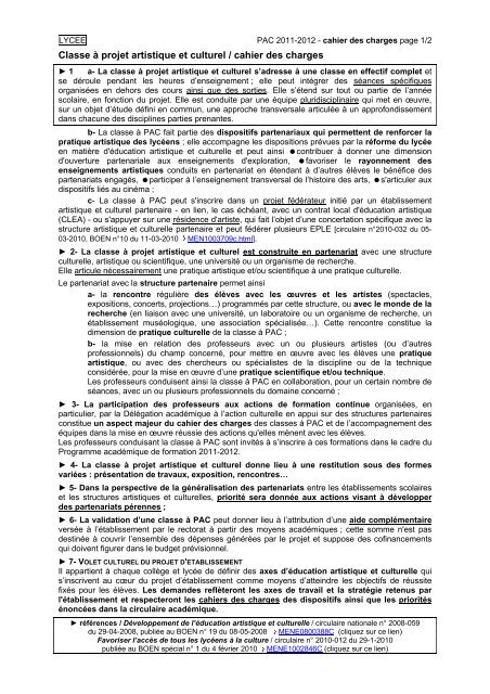 Classe Ã  projet artistique et culturel / cahier des charges - Education ...