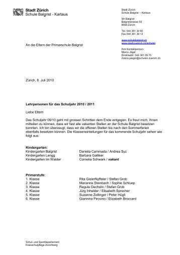 Information Lehrpersonen 10/11 - Schule Balgrist