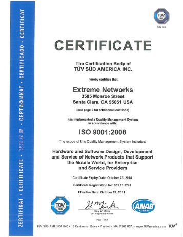 ISO-9001 Certificate - Extreme Networks