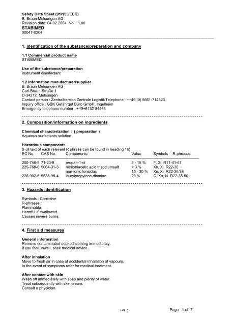 STABIMED 1. Identification of the substance/preparation ... - Dencor