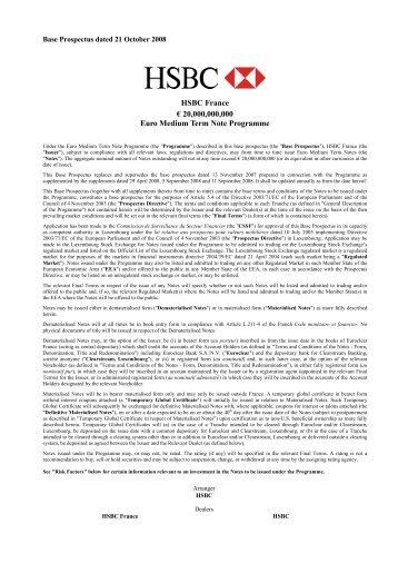 HSBC France â¬ 20,000,000,000 Euro Medium Term Note Programme