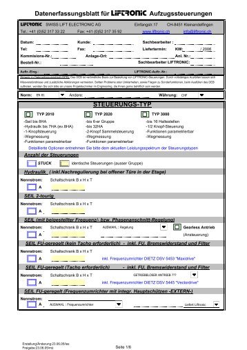 Datenerfassungsblatt - Swiss Lift Electronic AG