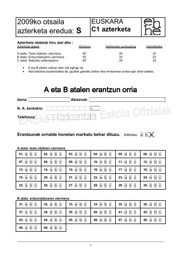 2009ko otsaila azterketa eredua: S A eta B atalen erantzun orria A ...