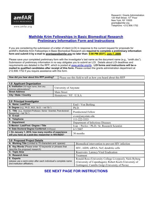 sample preliminary information form (pdf) - amfAR