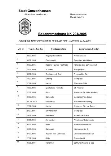 Bekanntmachung Nr. 294/2005 - Gunzenhausen