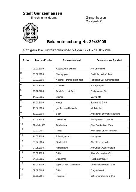 Bekanntmachung Nr. 294/2005 - Gunzenhausen