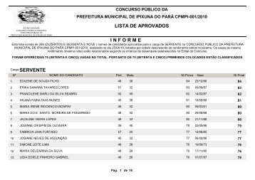 LISTA DE APROVADOS I N F O R M E Cargo:SERVENTE ... - FIBRA.