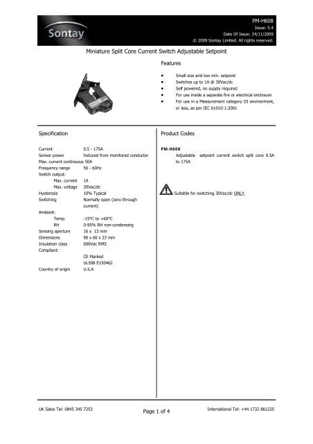 Miniature Split Core Current Switch Adjustable Setpoint - Sontay
