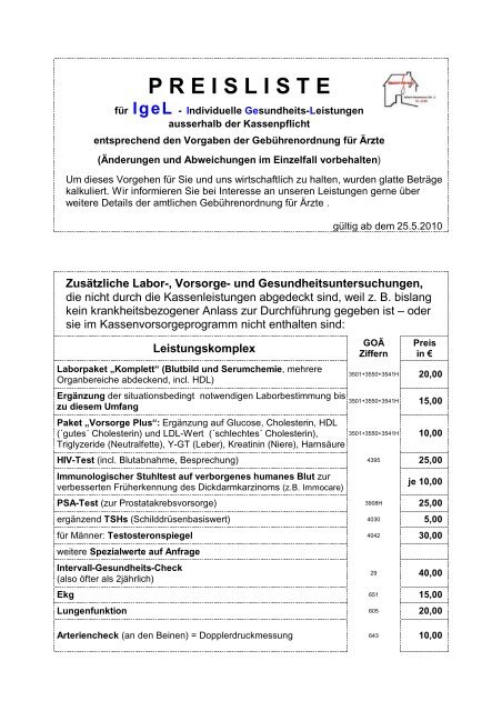 IGeL-Preisliste Mai 2010 - Hausarztpraxis am Marktplatz ...