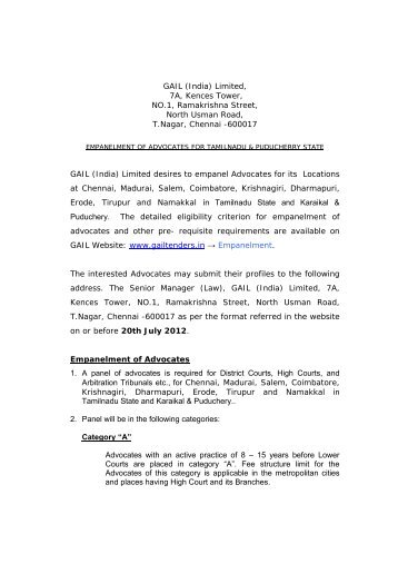 empanelment of advocates for tamilnadu ... - GAIL (India)