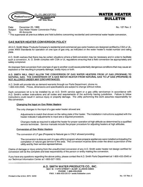 Gas Water Heater Conversion Policy - AO Smith Water Heaters