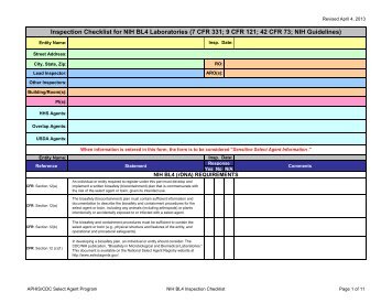 Inspection Checklist for NIH BL4-N Laboratories - Select Agent ...