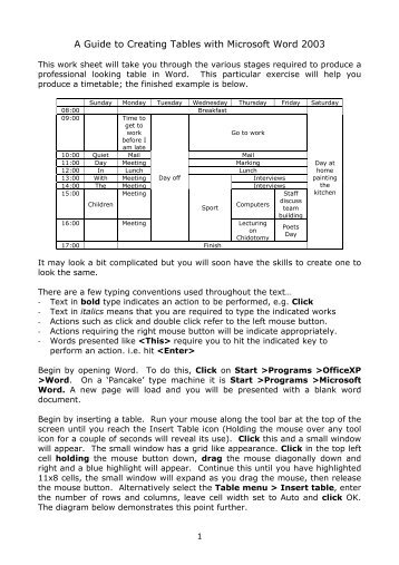 A Guide to Creating Tables with Microsoft Word 2003 - HSC Home