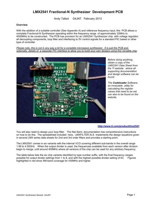 LMX2541 Fractional-N Synthesizer Development PCB - G4JNT